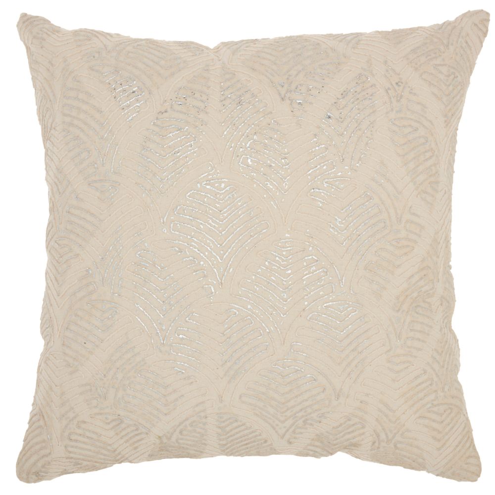 Nourison ST154 Mina Victory Life Styles Metallic Embroidered Feathers Ivory Silver Throw Pillow in Ivory/Silver