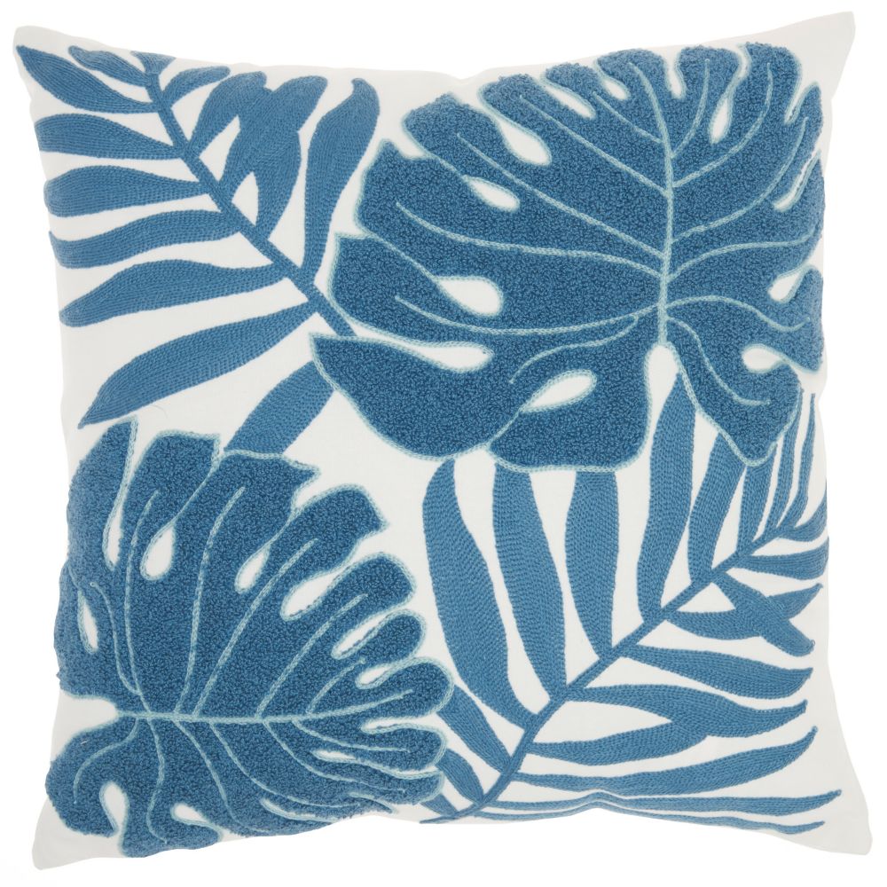 Nourison L0157 Mina Victory Life Styles Embroidered Leaves Blue Throw Pillow in Blue