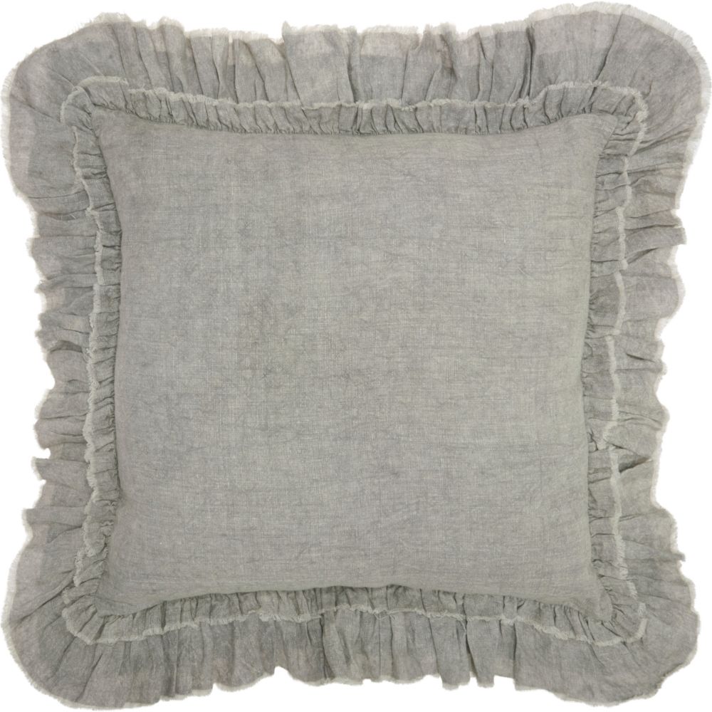 Nourison GE901 Mina Victory Life Styles Linen Frilled Border Grey Throw Pillow in Grey