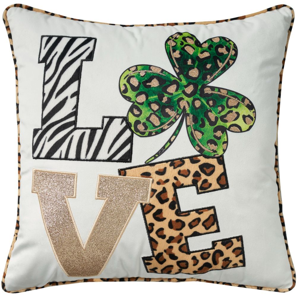 Nourison L0485 Mina Victory Holiday Pillows Shamrock Love Leopar Throw Pillows in Multicolor