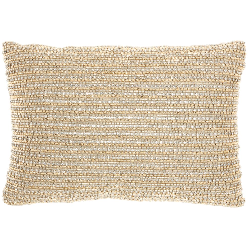 Nourison Z0735 Mina Victory Luminescence Beaded Horiz Stripes Gold Throw Pillow in Gold