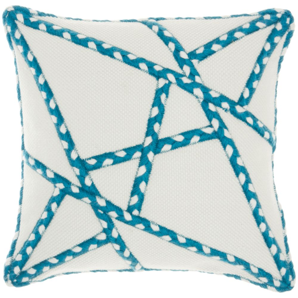 Nourison VJ006 Mina Victory Outdoor Pillows Woven Braided Geometric Turquoise Throw Pillow in Turquoise