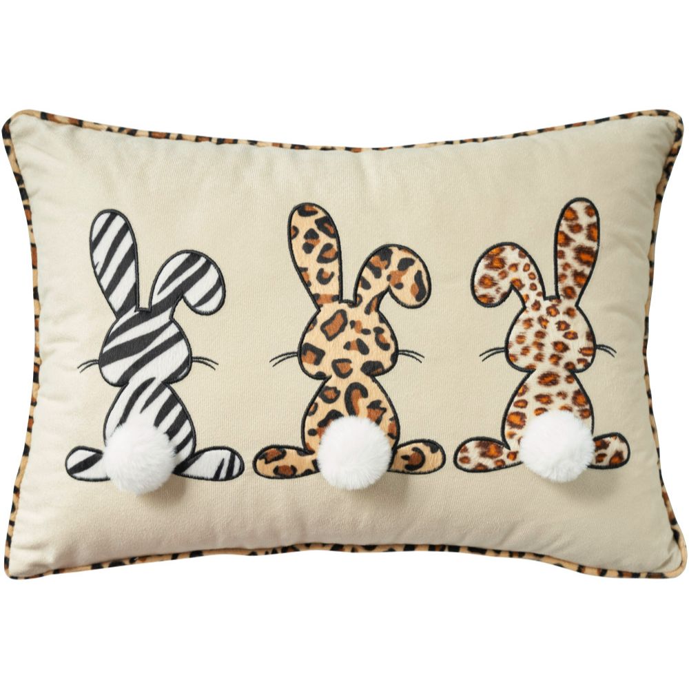 Nourison L0489 Mina Victory Holiday Pillows Applique Bunnies Throw Pillows in Beige