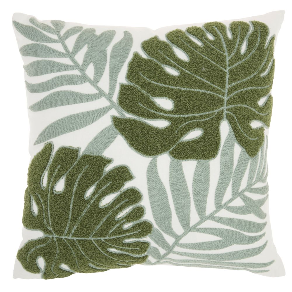 Nourison L0157 Mina Victory Life Styles Embroidered Leaves Green Throw Pillow in Green