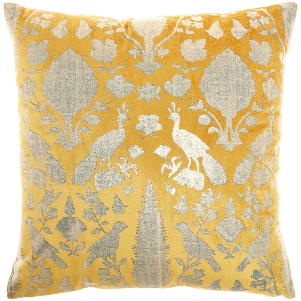 Nourison AC384 Mina Victory Sofia Foil Print Birds Gold Throw Pillow in Gold