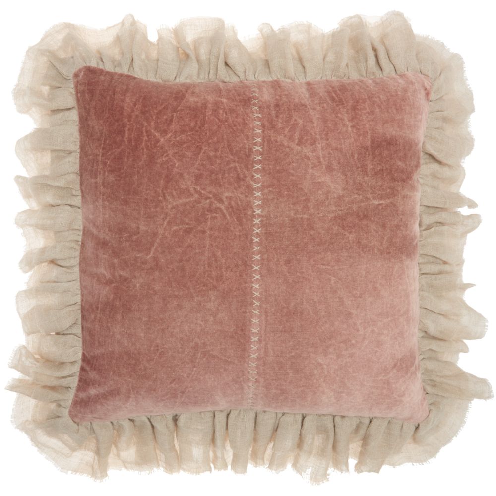 Nourison GE903 Mina Victory Life Styles Stitch Velvet Frills Blush Throw Pillow in Blush