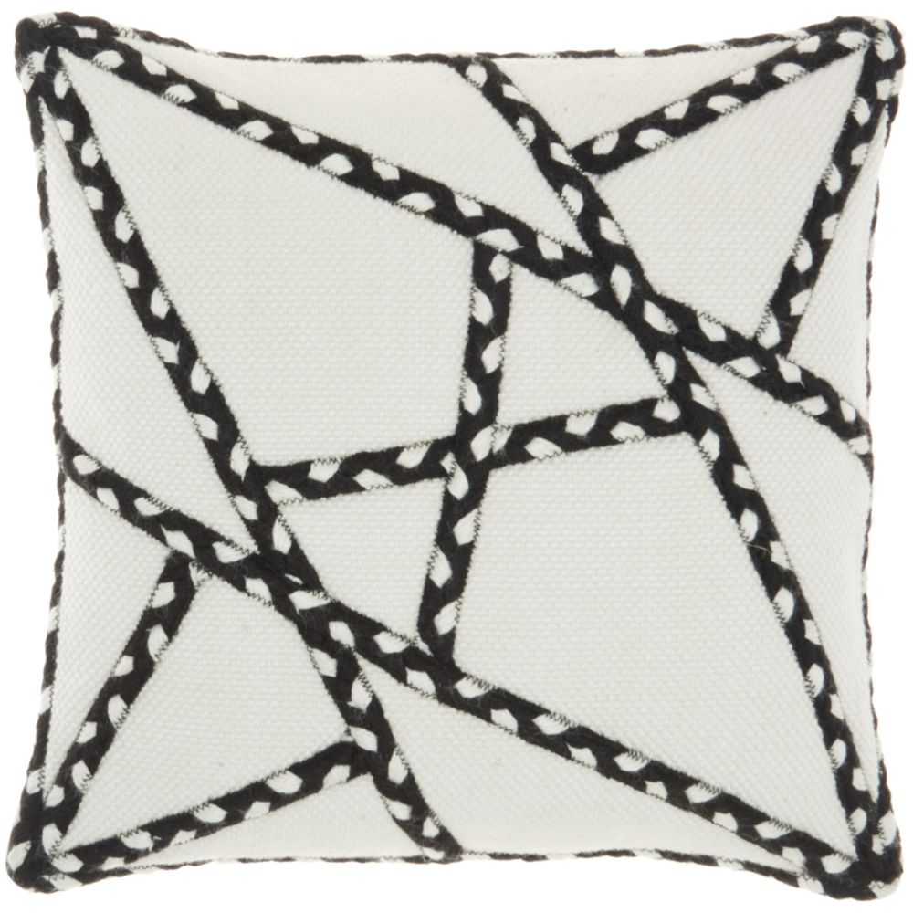 Nourison VJ006 Mina Victory Outdoor Pillows Woven Braided Geometric Black Throw Pillow in Black