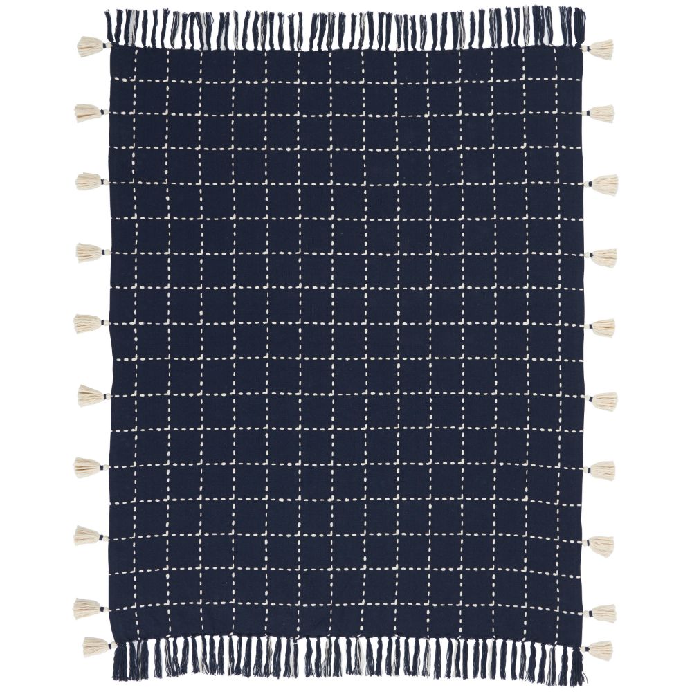 Nourison SH033 Mina Victory Life Styles Woven Check with Tassel Navy Throw Blanket in Navy