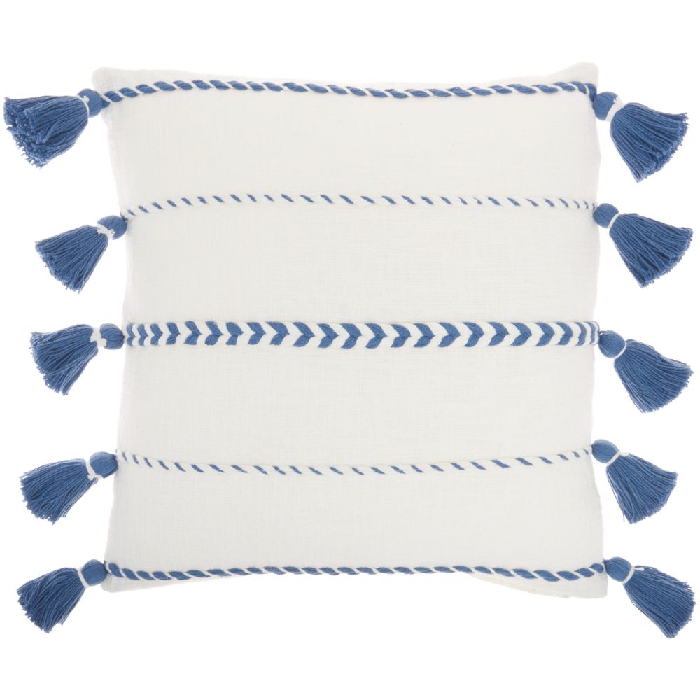 Nourison SH037 Mina Victory Life Styles Braided Stripes Tassels Blue Throw Pillow in Blue