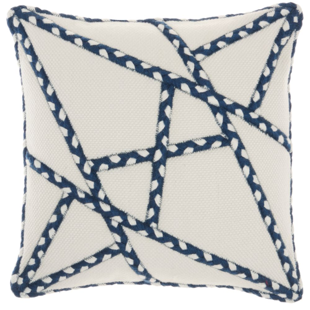 Nourison VJ006 Mina Victory Outdoor Pillows Woven Braided Geometric Navy Throw Pillow in Navy