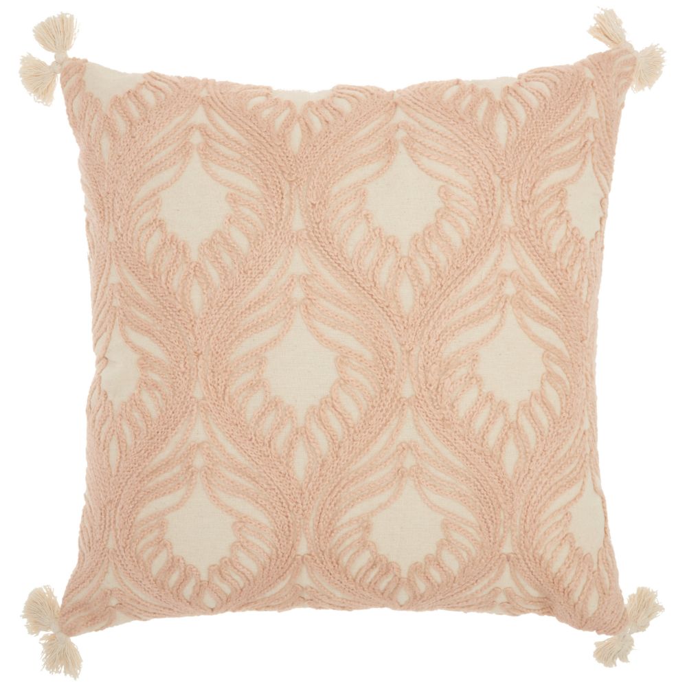Nourison ST443 Mina Victory Life Styles Embroidered Feathers Blush Throw Pillow in Blush