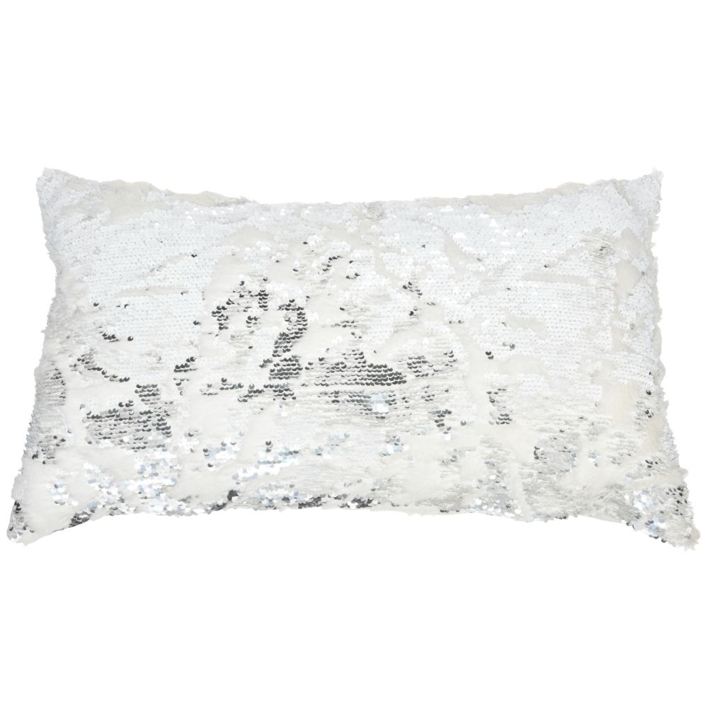 Nourison VV201 Mina Victory Fur Faux Fur Sequins White Silver Throw Pillow in White/Silver