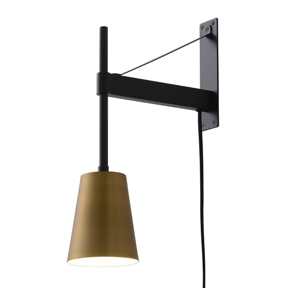 Nova Lighting 3011641MBB Brace 20" Plug-in Contemporary sconce in Matte Black With Brass Shade and Dimmer Switch for Bedroom Livingroom Hallway Brass