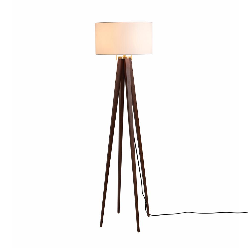 Nova Lighting 20859DW Quattro Floor Lamp - Dark Walnut Wood Finish & Weathered Brass, White Linen Shade, Dimmer