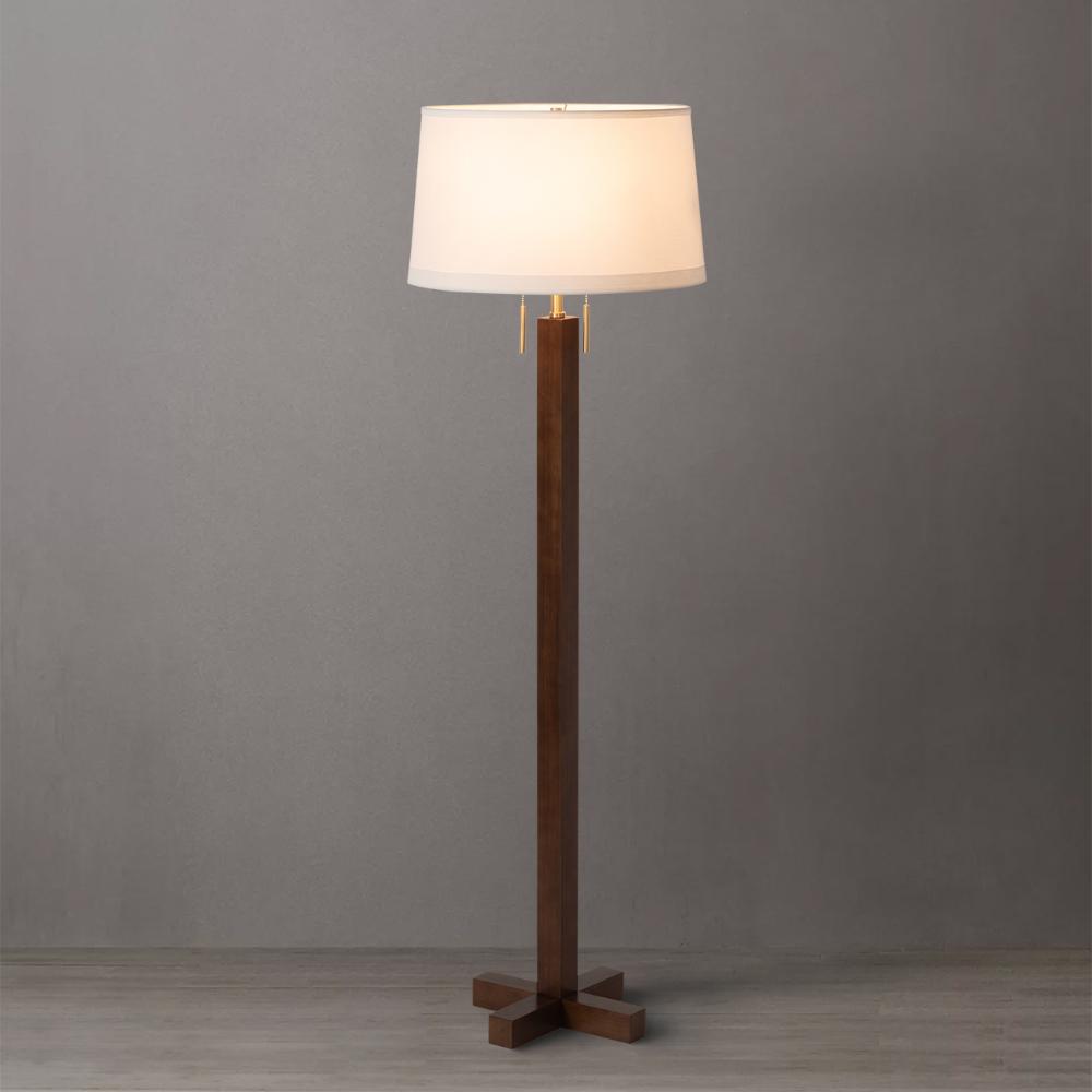 Nova Lighting 2010250DW Swiss Cross Floor Lamp - Dark Walnut Wood Finish, Weathered Brass, White Linen Shade