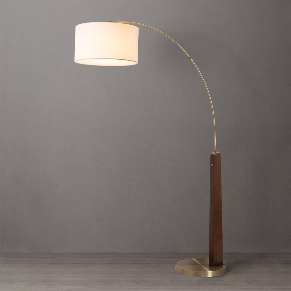 Nova Lighting 2110251W Taper 1 Light Arc Floor Lamp - Walnut Wood Finish, Weathered Brass, White Cotton-Linen Shade, Dimmer