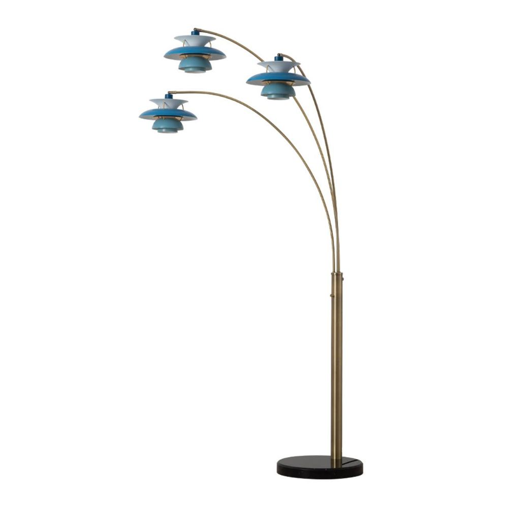 Nova Lighting 2310825B Palm Springs 83" 3 Light Arc Lamp in Weathered Brass and Bluetone Shades with Dimmer Switch