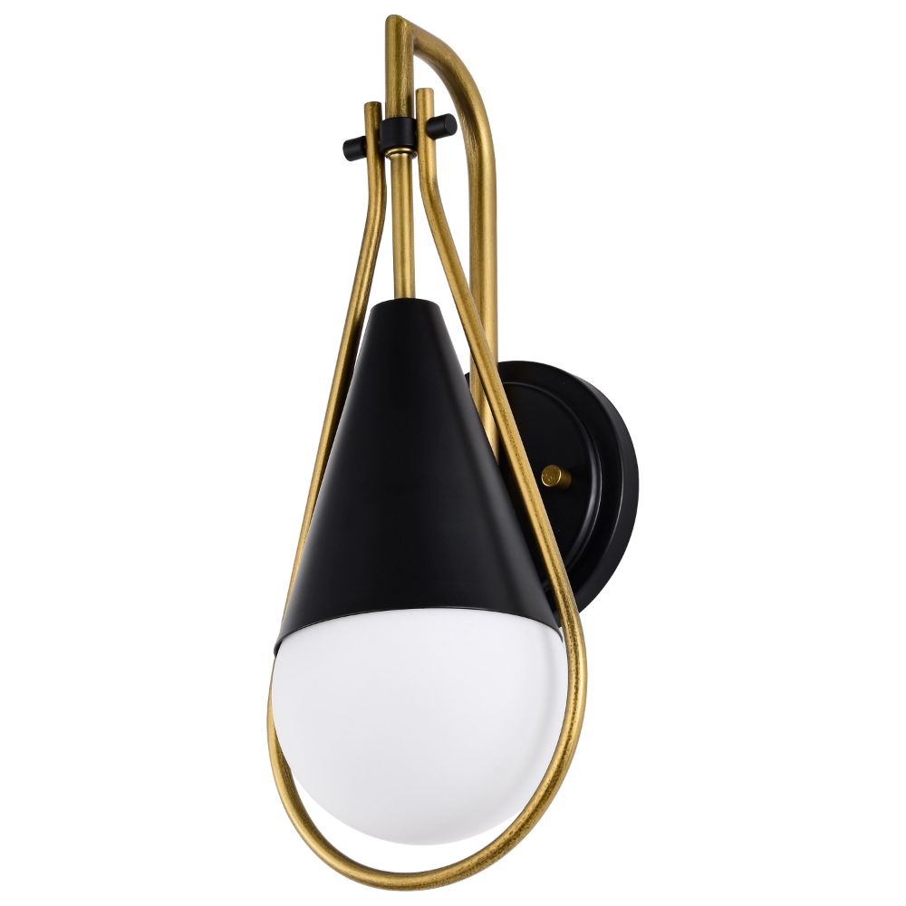 Nuvo 60-7901 Admiral 1 Light Wall Sconce; Matte Black and Natural Brass Finish; White Opal Glass