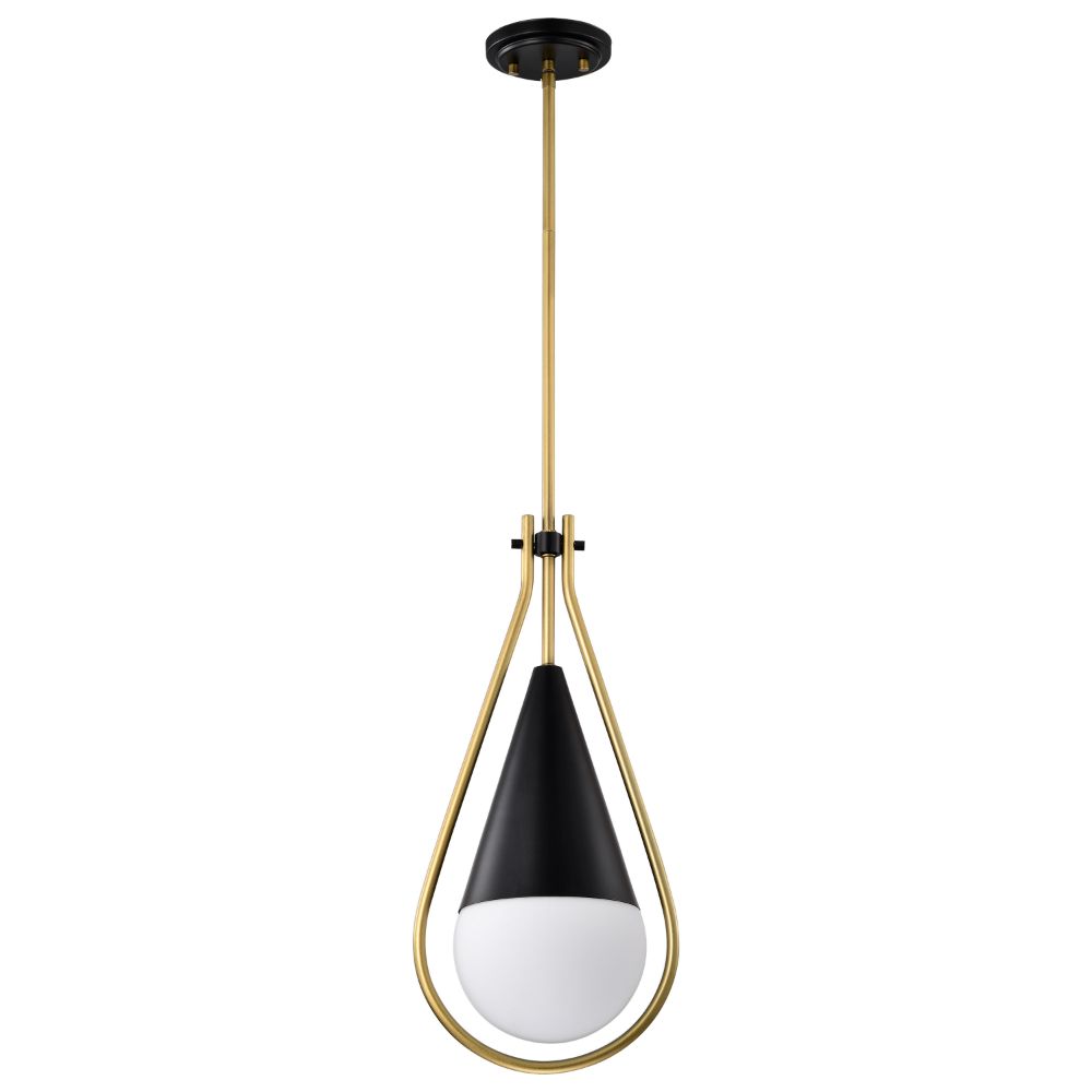 Nuvo 60-7902 Admiral 1 Light Pendant; 6 Inches; Matte Black and Natural Brass Finish; White Opal Glass