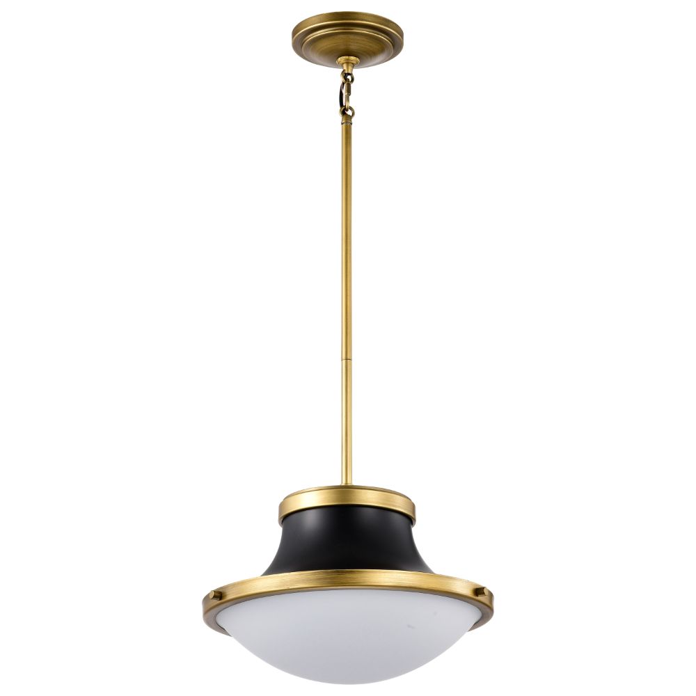 Nuvo 60-7907 Lafayette 1 Light Pendant; 14 Inches; Matte Black Finish with Natural Brass Accents and White Opal Glass