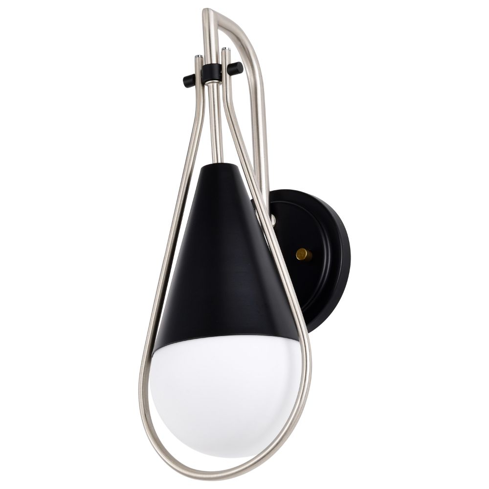 Nuvo 60-7911 Admiral 1 Light Wall Sconce; Matte Black and Brushed Nickel Finish; White Opal Glass