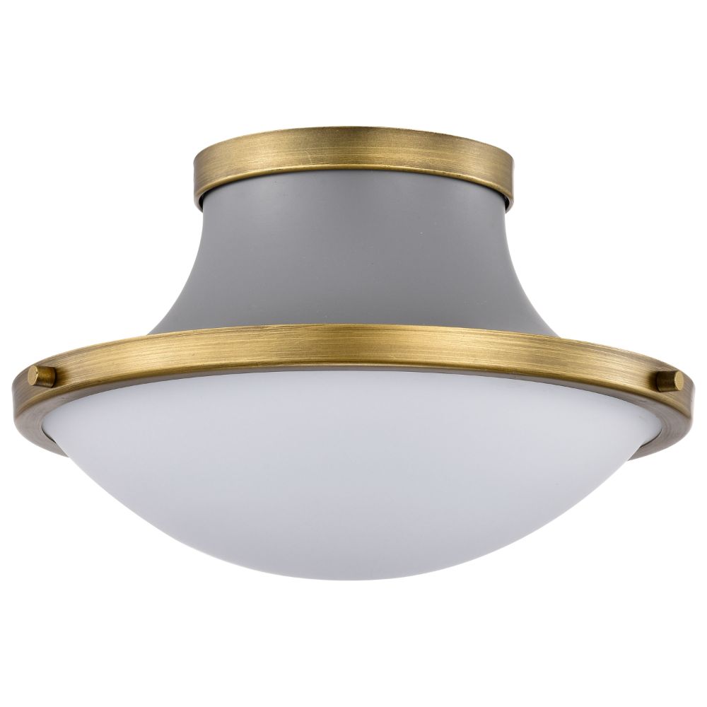 Nuvo 60-7915 Lafayette 1 Light Flush Mount Fixture; 14 Inches; Gray Finish with Natural Brass Accents and White Opal Glass