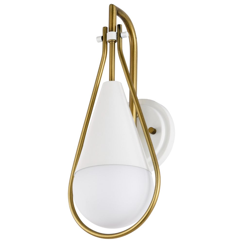 Nuvo 60-7921 Admiral 1 Light Wall Sconce; Matte White and Natural Brass Finish; White Opal Glass