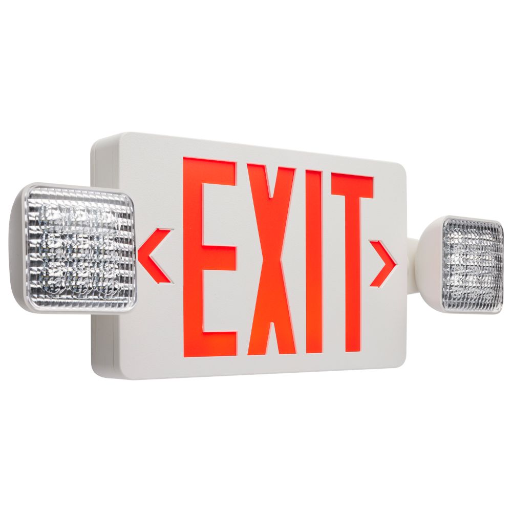 Satco 67-122 Combination Red Exit Sign/Emergency Light, 90min Ni-Cad backup, 120/277V, Dual Head, Single/Dual Face, Universal Mounting, Remote Compatible