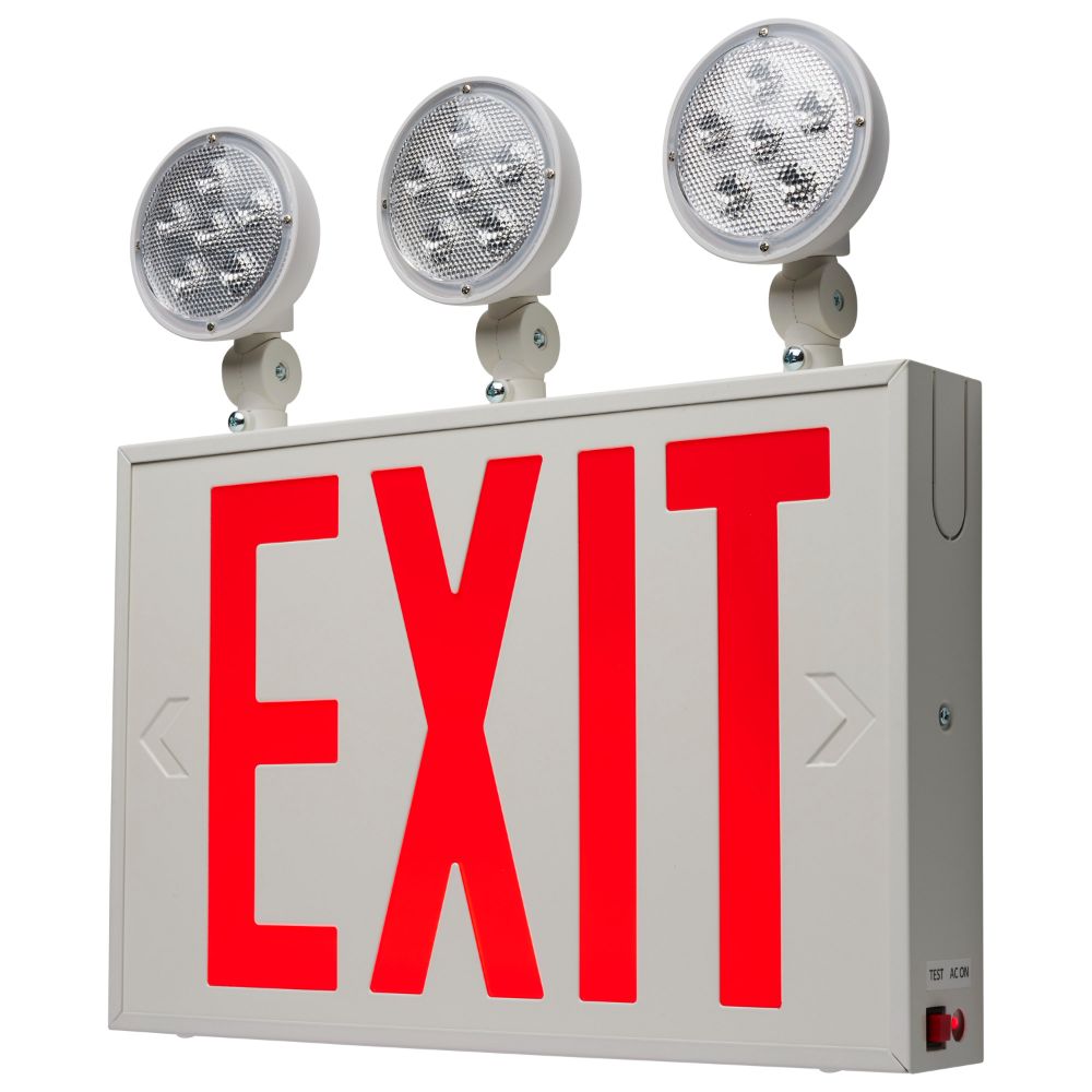 Satco 67-124 Combination Red Exit Sign/Emergency Light, 90min Ni-Cad backup, 120/277V, Tri Head, Single/Dual Face, Universal Mounting, Steel/NYC