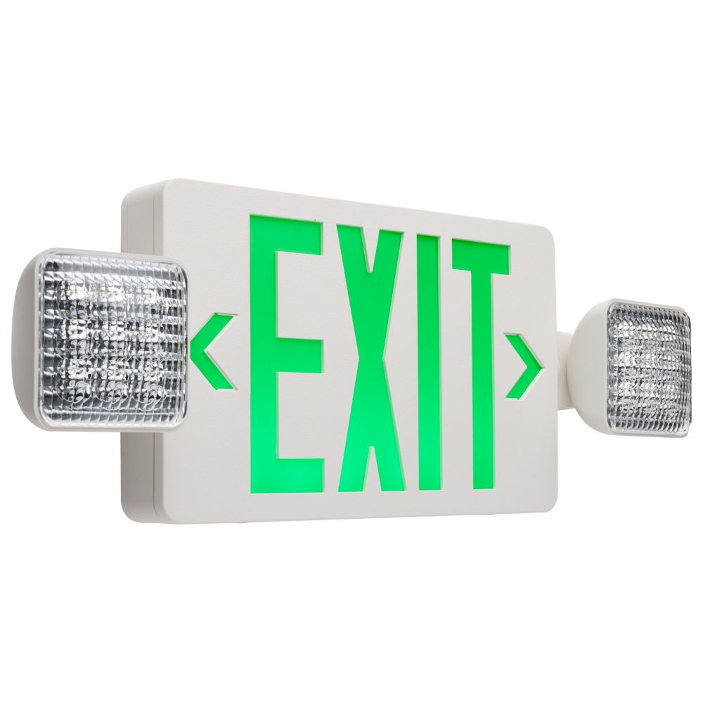 Satco 67-125 Combination Green Exit Sign/Emergency Light; Singe/Dual Face; 120/277 Volts; Remote Compatible; White Finish