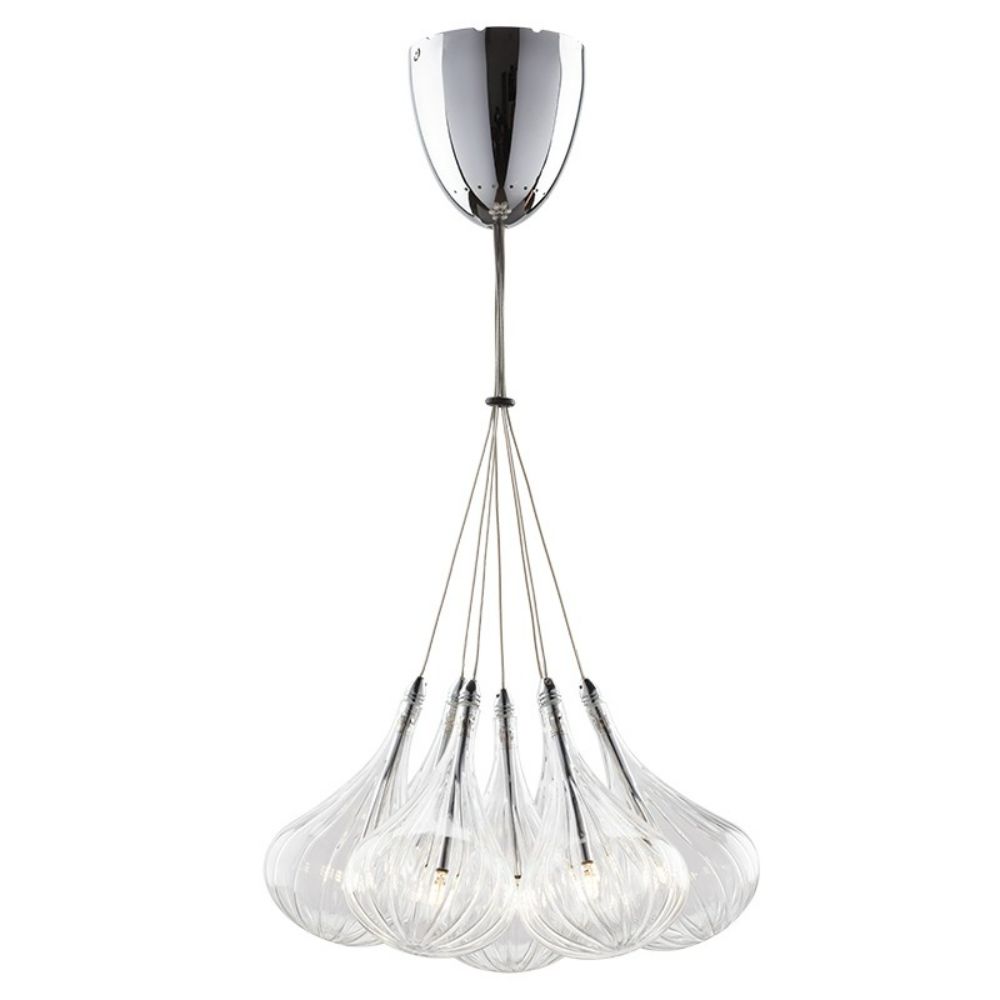 Nuevo HGHO246 Tourine 7 Clear Glass Shade with Chrome Steel Fixture Pendant in Ribbed Clear / Chrome Silver