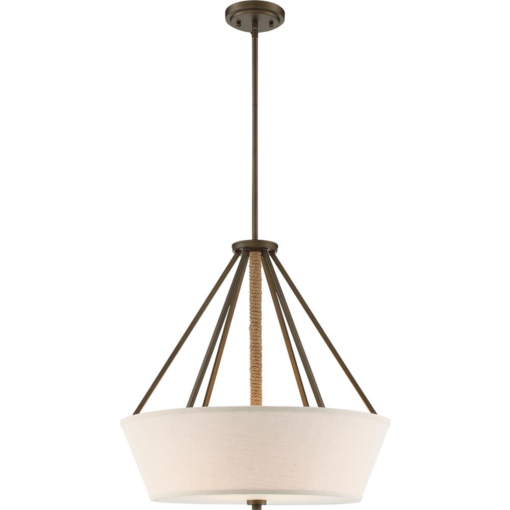 Nuvo Lighting 60/5896  4 Light - Seneca 22" Pendant - Mahogany Bronze Finish with Wrapped Rope - Beige Linen Fabric Shade - Etched Glass Diffuser in Mahogany Bronze Finish