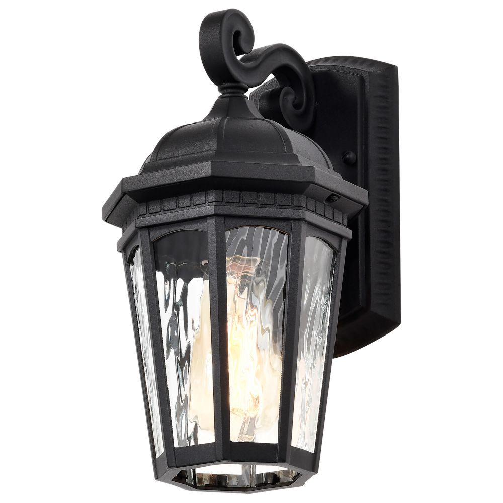 Nuvo 60-5945 East River Collection Outdoor 12 inch Small Wall Light; Matte Black Finish with Clear Water Glass