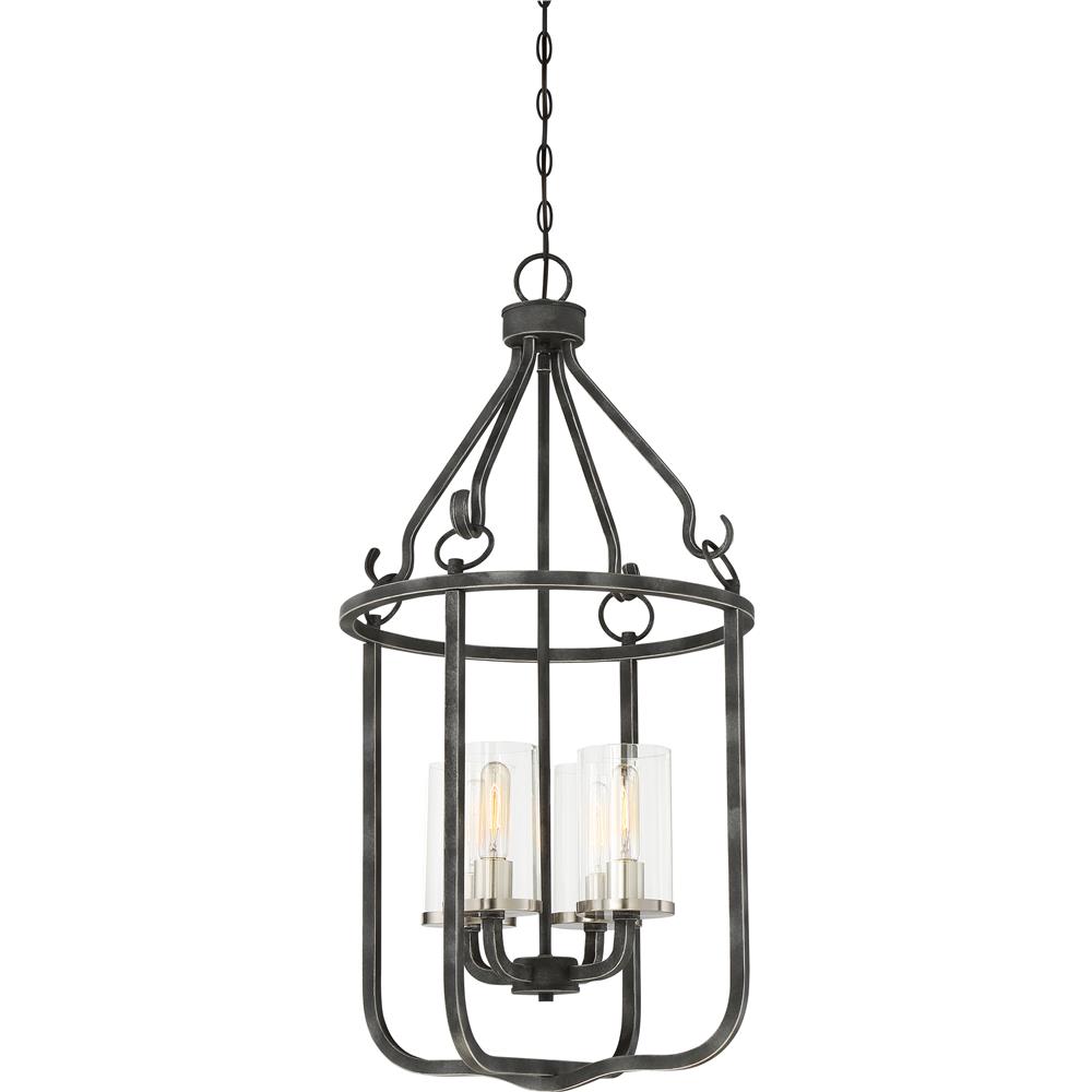 Nuvo Lighting 60/6127  4 Light - Sherwood Caged Pendant - Iron Black with Brushed Nickel Accents Finish - Clear Glass - Lamps Included in Iron Black with Brushed Nickel Accents Finish