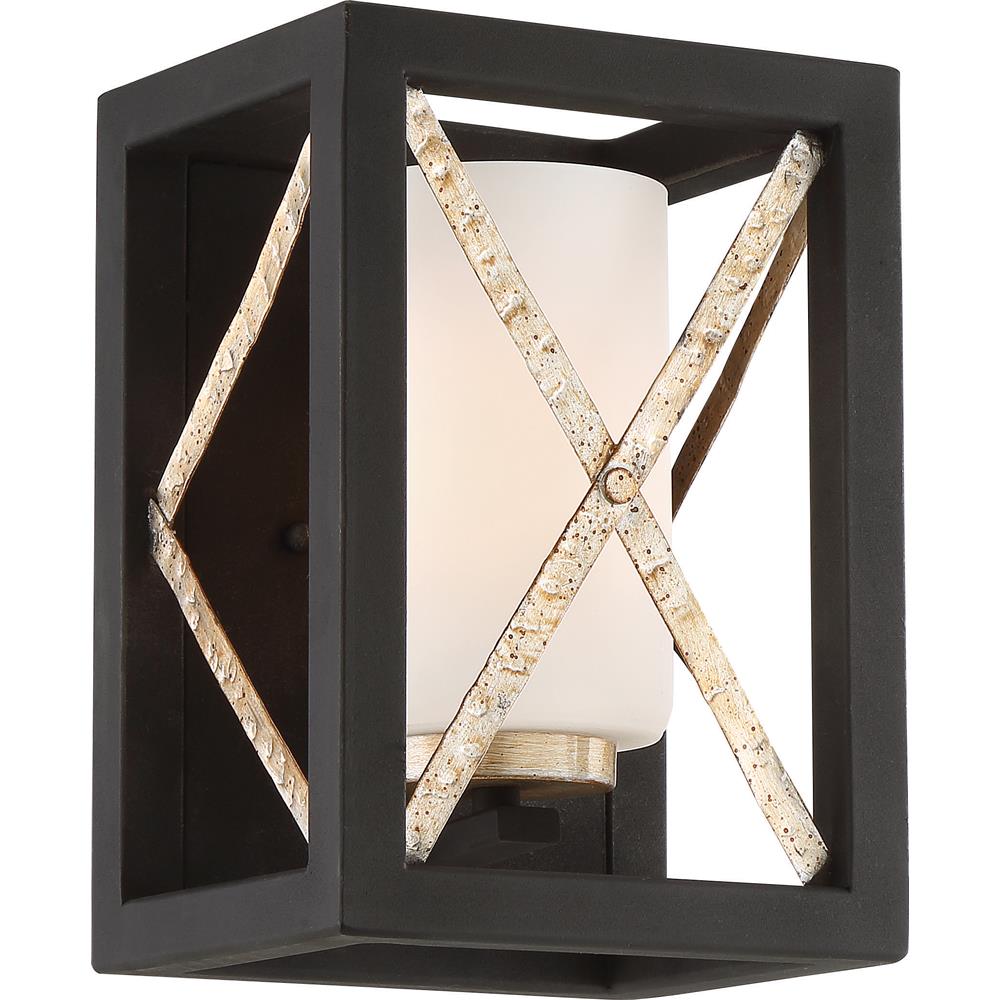 Nuvo Lighting 60/6131  1 Light - Boxer Wall Sconce - Matte Black with Antique Silver Accents Finish - Satin White Glass in Matte Black / Antique Silver Accents Finish