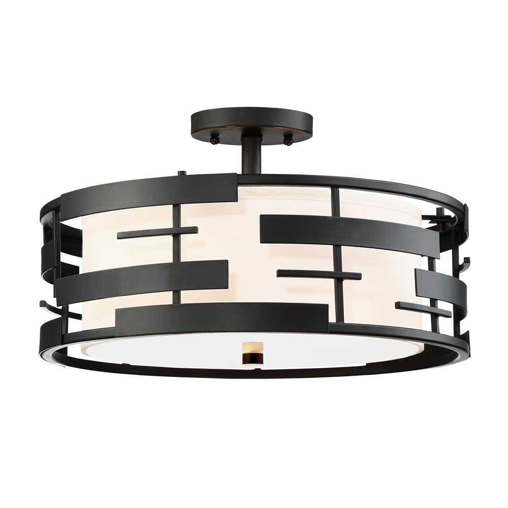 Nuvo Lighting 60/6436  Lansing - 3 Light Semi - Flush With White Fabric Shade & Opal Diffuser in Textured Black Finish