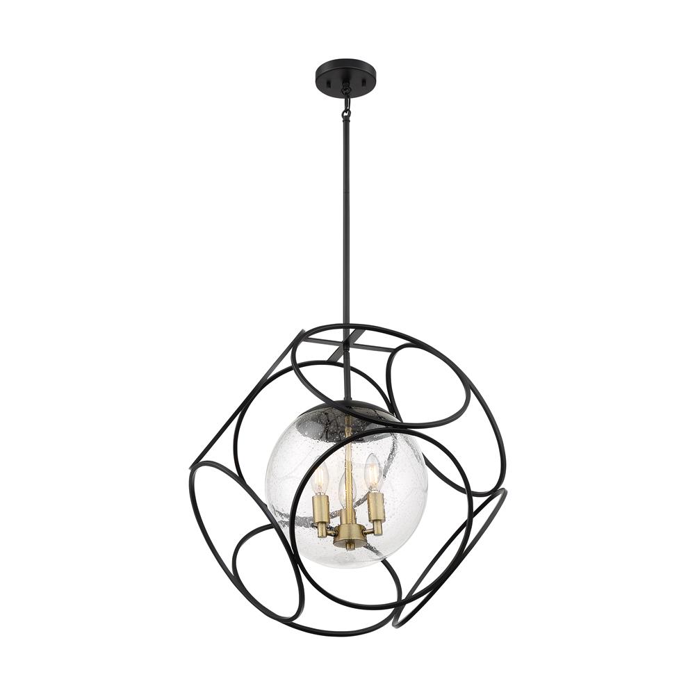 Nuvo Lighting 60-6947 Aurora - 3 Light Pendant with Seeded Glass - Black and Vintage Brass Finish