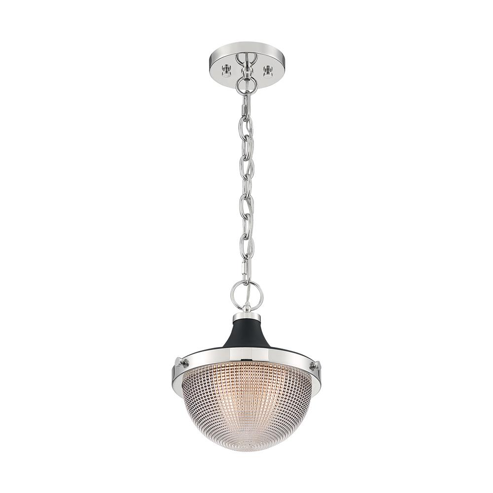 Nuvo Lighting 60-7069 Faro - 1 Light Pendant with Clear Prismatic Glass - Polished Nickel and Black Accents Finish