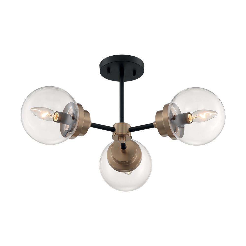 Nuvo Lighting 60-7123 Axis - 3 Light Semi-Flush with Clear Glass - Matte Black and Brass Accents Finish