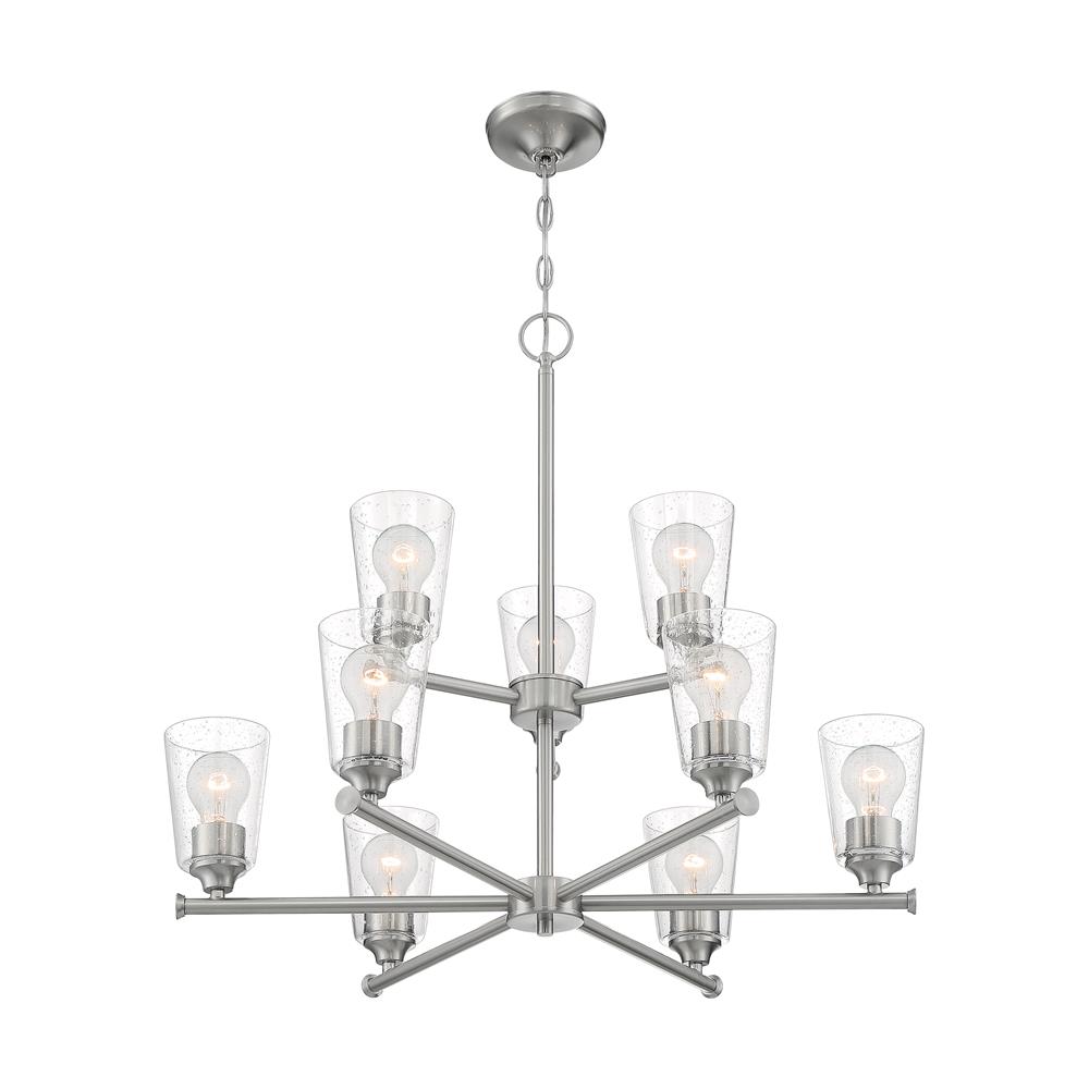Nuvo Lighting 60-7189 Bransel 9 Light Chandelier with Seeded Glass in Brushed Nickel