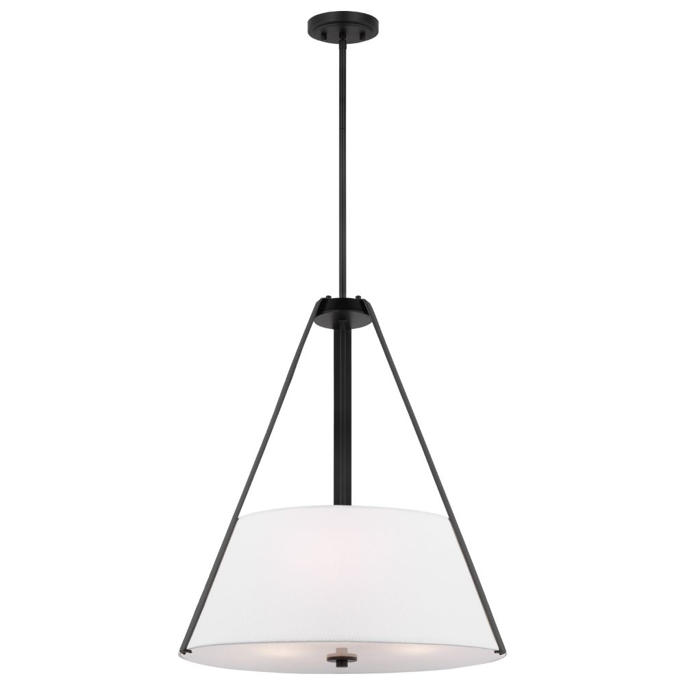 Nuvo 60-7696 Brewster; 3 Light Pendant; Black Finish; Faux Leather Wrapped Straps; White Textile Shade