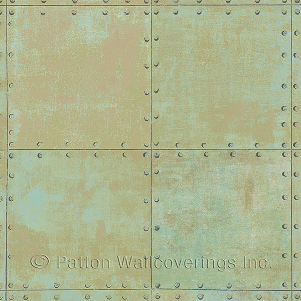 Patton Wallcoverings LL36225 Steel Tile Wallpaper in Aqua, Green, Metallic Copper