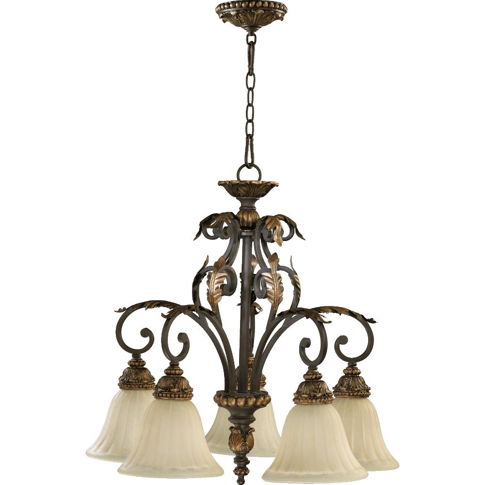 Quorum International 6457-5-44 Rio Salado Traditional / Classic Five Light Downlight Pendant with Glass Shades in Toasted Sienna With Mystic Silver