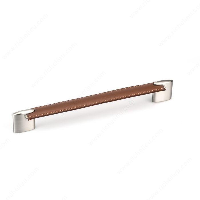 Richelieu Hardware 74520422419545 Contemporary Metal & Leather Handle Pull - 745 in Brushed Nickel , Brown Leather