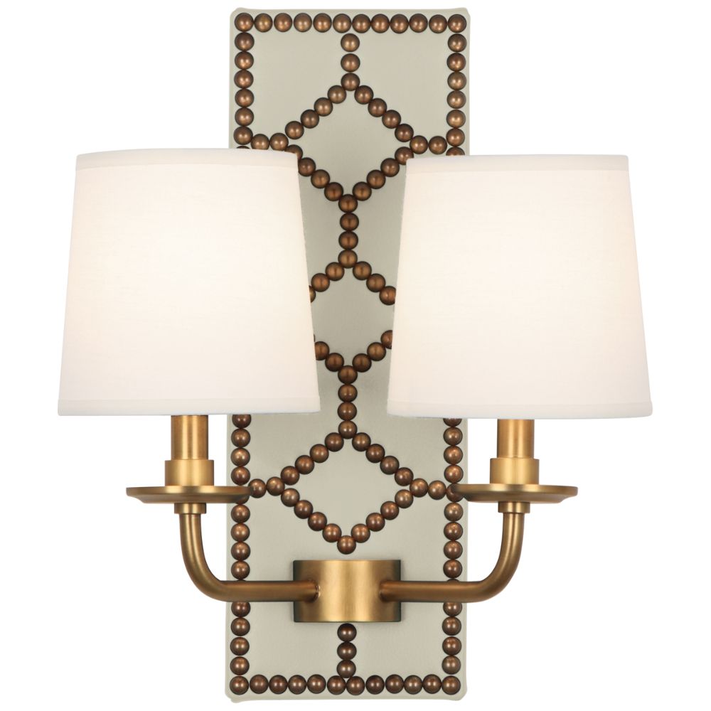 Robert Abbey 1032 Williamsburg Lightfoot Wall Sconce with Backplate Upholstered In Bruton White Leather With Nailhead Detail And Aged Brass Accents