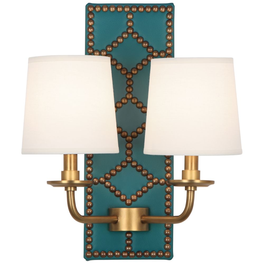 Robert Abbey 1033 Williamsburg Lightfoot Wall Sconce with Backplate Upholstered In Mayo Teal Leather With Nailhead Detail And Aged Brass Accents