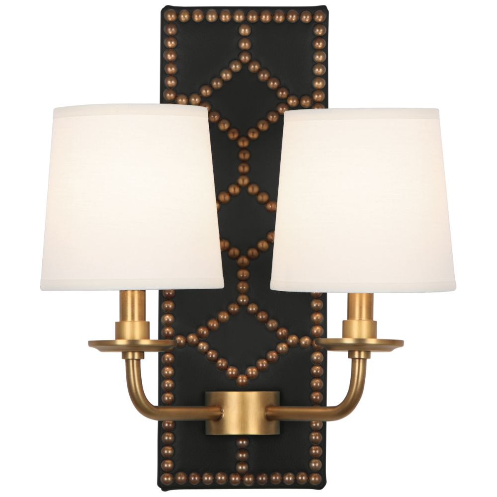 Robert Abbey 1035 Williamsburg Lightfoot Wall Sconce with Backplate Upholstered In Blacksmith Black Leather With Nailhead Detail And Aged Brass Accents