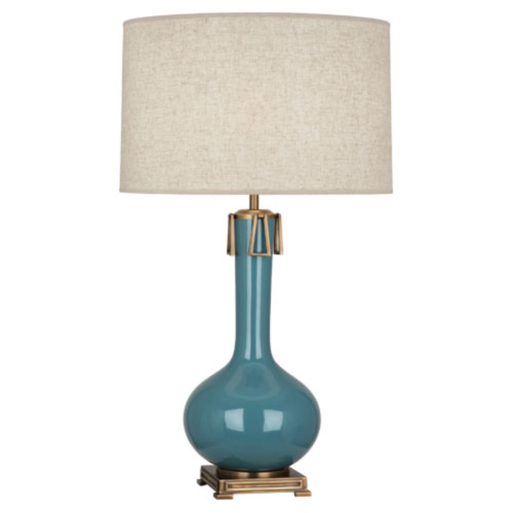 Robert Abbey OB992 Steel Blue Athena Table Lamp with Steel Blue Glazed Ceramic With Aged Brass Accents