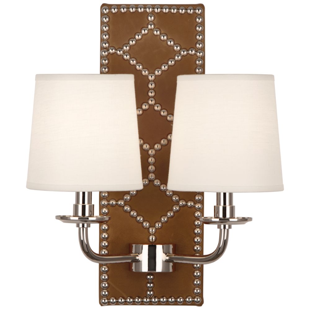 Robert Abbey S1030 Williamsburg Lightfoot Wall Sconce with Backplate Upholstered In English Ochre Leather With Nailhead Detail And Polished Nickel Accents