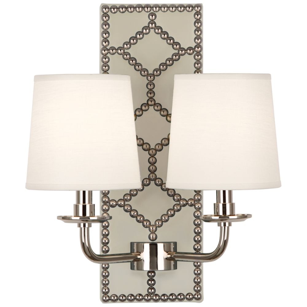 Robert Abbey S1032 Williamsburg Lightfoot Wall Sconce with Backplate Upholstered In Bruton White Leather With Nailhead Detail And Polished Nickel Accents